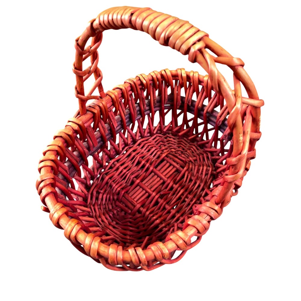 Vintage Red Woven Wicker Gathering Basket 11 Inch Handled Rustic Farmhouse Decor